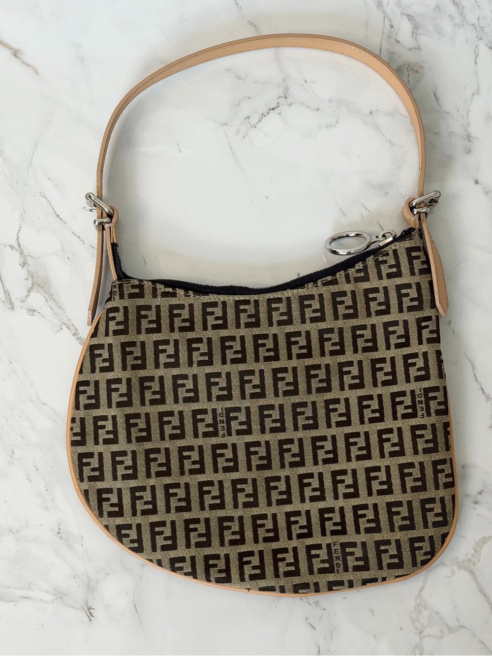 EUC Fendi Zucchino Zucca Canvas Brown Oyster Shoulder Bag
